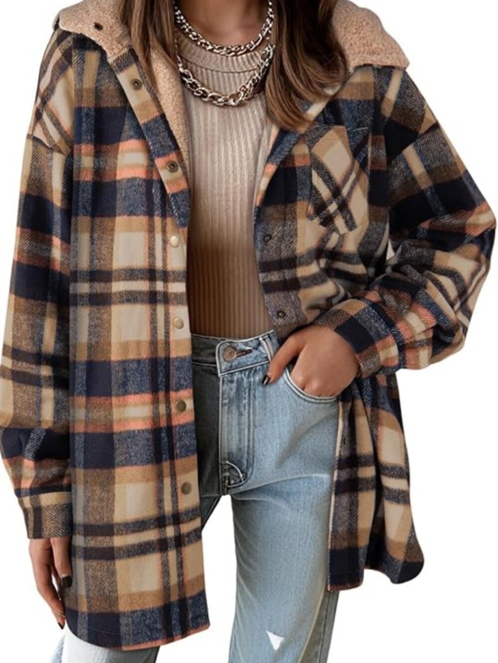 Dokotoo Women's Flannel Hooded Plaid 2026 Shacket Thick Coat Fleece Jacket